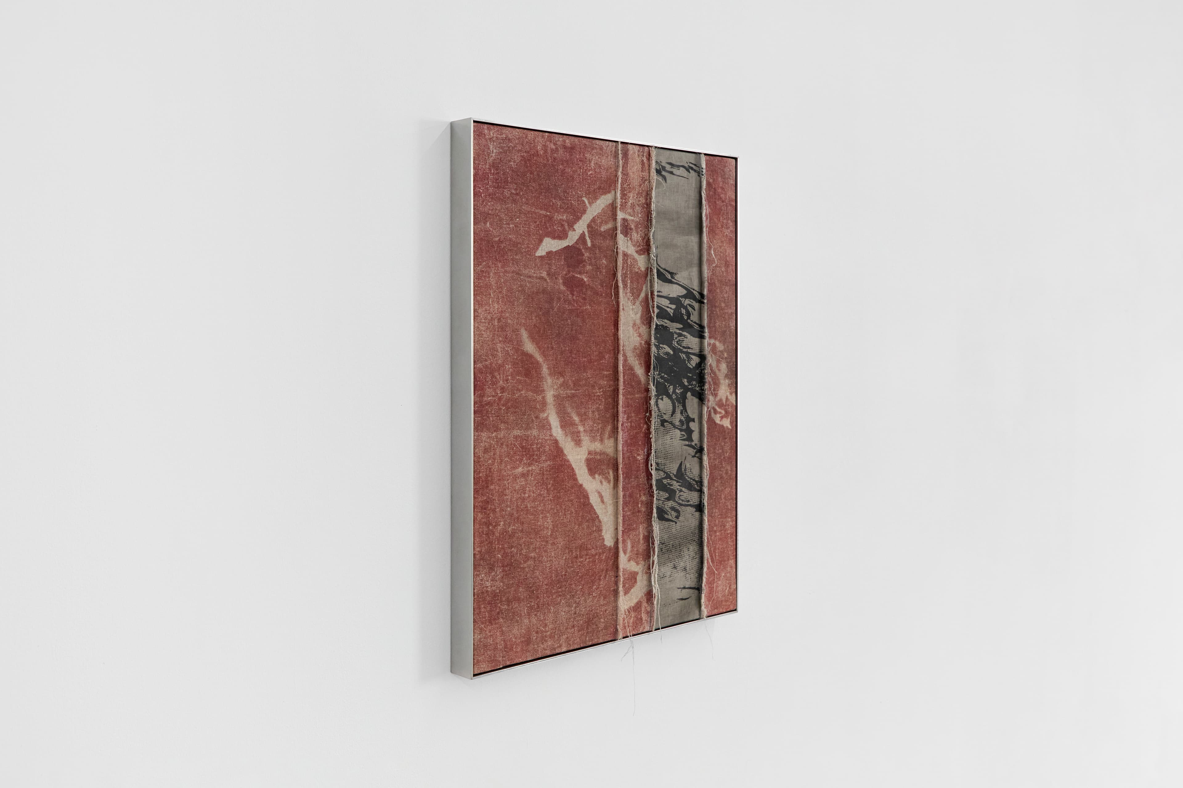 Inside Job (Ula Lucińska, Michał Knychaus), Untitled 01 (Subsidence), 2025, screenprint on linen, spray paint, cotton, organza, soywax, stainless steel frame, 65 cm x 48 cm x 4 cm, CAPTION, Seoul, photo: Bokyoung Han