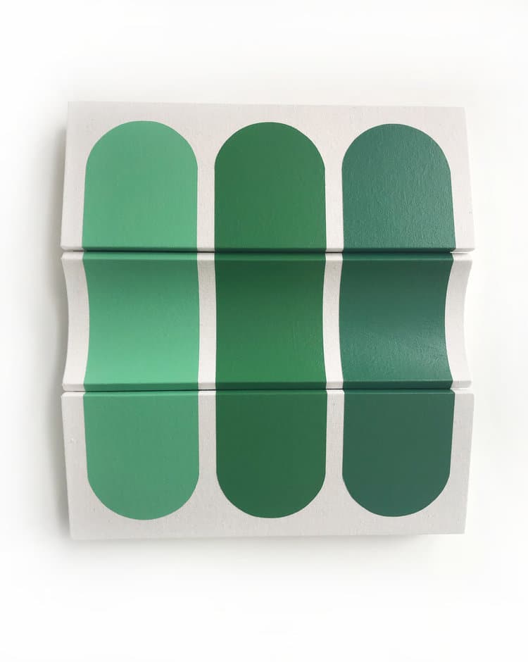 Robert Moreland, Untitled Three Greens, Drop cloth on wooden panel with acrylic paint, tacks & leather hinges, 66.6 x 60.9 cm, 2018