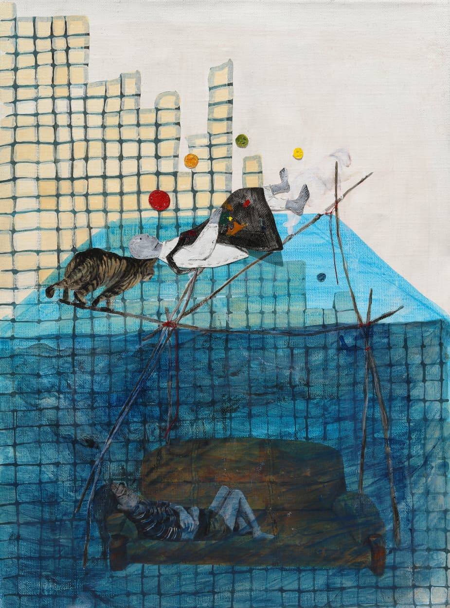 정은별 색의 건설 드로잉 40X30cm캔버스 천에 아크릴 꼴라주 2019