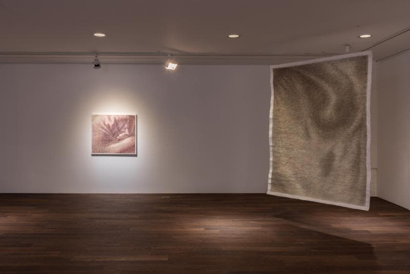 김수호, (좌) 문 없는 문, 74x82cm, 장지에 분채, 2019, (우) 행성, 181x137cm, 장지에 분채, 2019