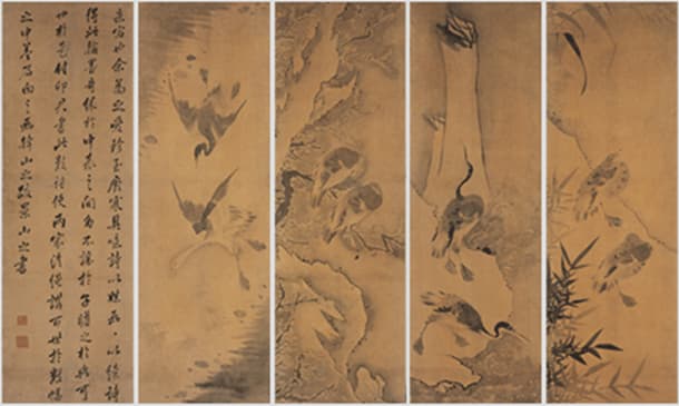 영모도 4폭과 제발 작가명 : 홍세섭  년도 : 19세기 후엽  재료 : 비단 수묵  크기 : 103.0X34.0cm