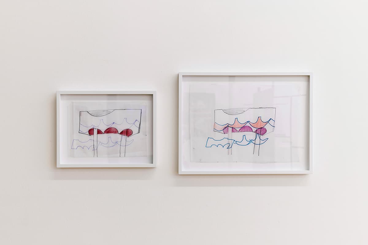 ‘Untitled’ (Canopy with Hung Ceiling) 2018 Ink and coloured pencil on tracing paper Two drawings: 27 x 35.5 x 3 cm, 36.8 x 49 x 3.5 cm (framed)
