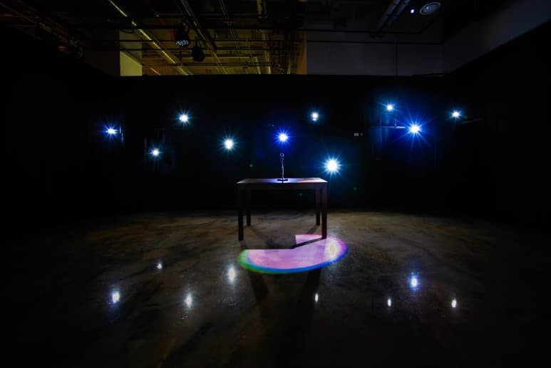 press conference-2  interactive installation, 1 computer, 1 kinect sensor, 8 strobe lights, 4 speakers, various  dimension, 2018