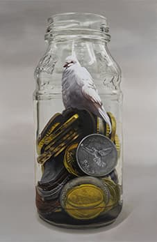 노재림, Coins in the bottle 2- 이데아.비둘기2, 106.7x160cm, Oil on Canvas, 2015