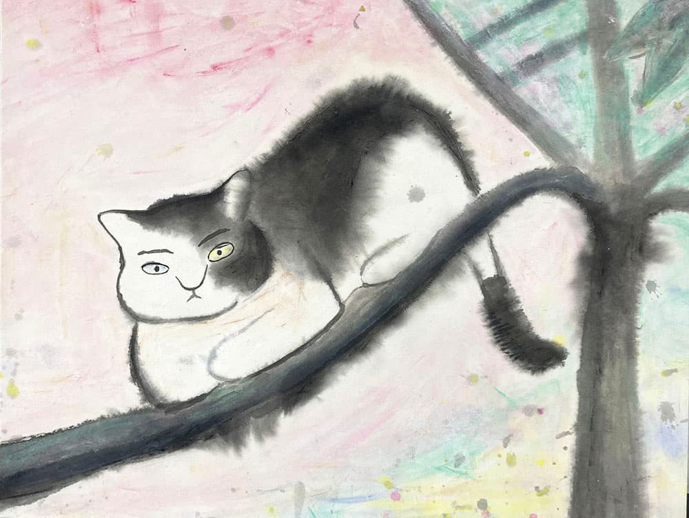 로지은, 네코, 장지에 먹, 분채, 40x52cm,2023