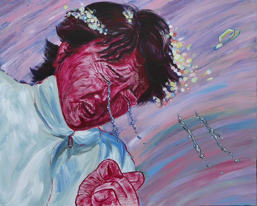 웁쓰양 Woopsyang, 달리면서 우는 여자, 2024, Acrylic on wood, 53 x 65cm © Courtesy of the artist