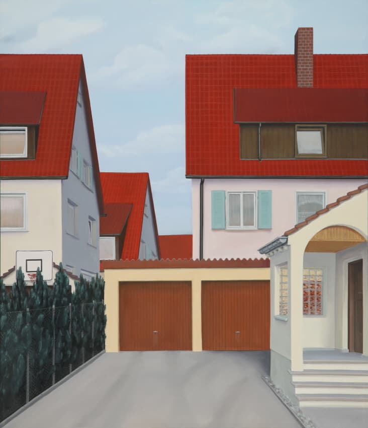 잉고 바움가르텐, untitled(townscape Friedrichshafen, settlement and garage-court), oil on canvas, 140x120cm, 2005