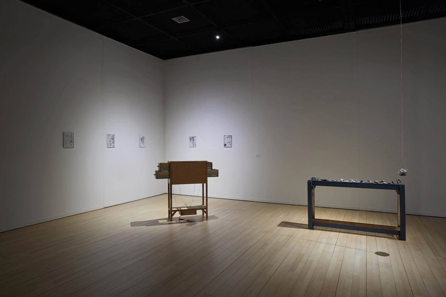 김준, 굳어진 조각들, 2017, 복합매체(암석 표면의 탁본된 이미지, 수집된 돌, 4채널사운드 아카이브 가구)
