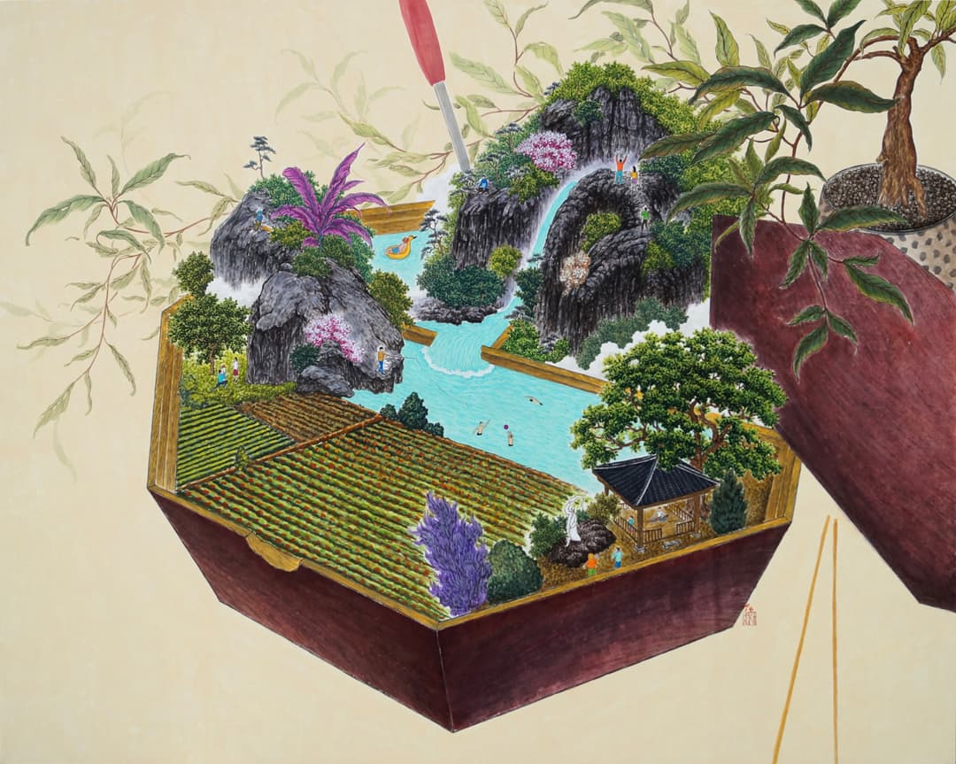 하루, <육각 도시락(산수를 담다)> 2018, 131x162cm, 한지에 수묵채색