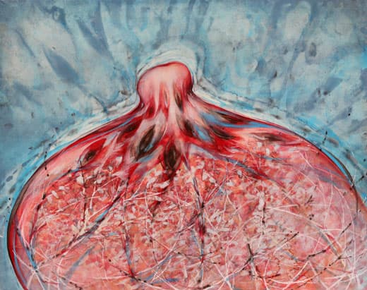 최혜인, 붉은 물길 Red water paths , 순지에 아크릴, 안료 Acrylic, pigment on paper, 65.5x82cm , 2017