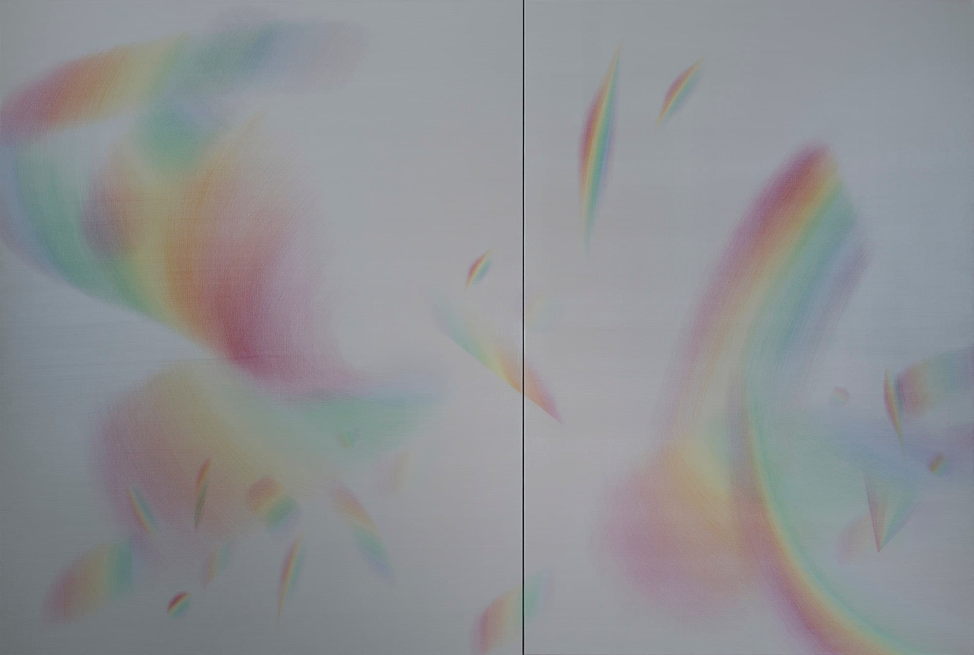 오희원, <Dispersion (blooming)>, 2020, 실버 아크릴로 채색된 캔버스에 색연필, 162x130cm(왼), 162x112cm(오)