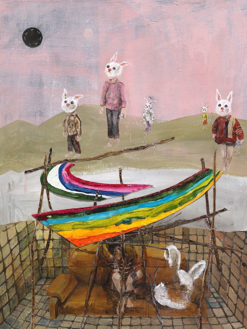 정은별 색의 건설 드로잉 40X28cm캔버스 천에 아크릴 꼴라주 2019