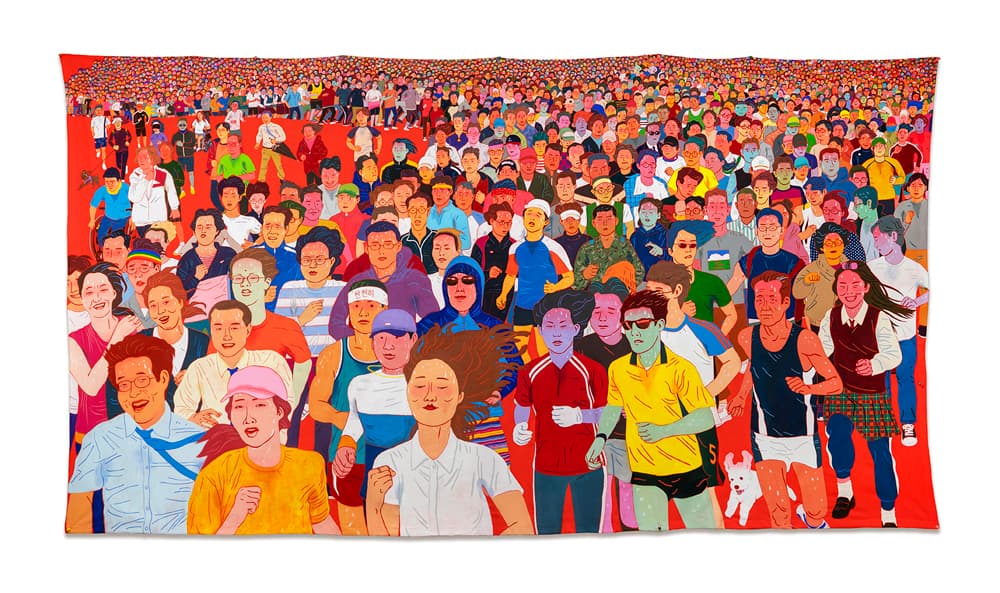 이우성 Woosung LEE <땀 흘리며 달려간다 People Running in Sweat> 165×300cm 천에 수성페인트, 아크릴릭 과슈 2019