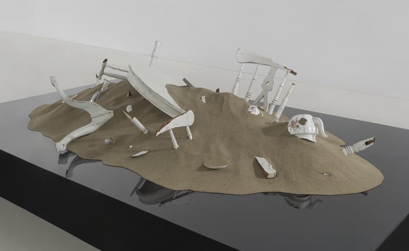 Her Silence, 147x275x52(h)cm, FRP, sand on FRP, furniture, glass, tableware, ceramic ware, book, silverware, 2015