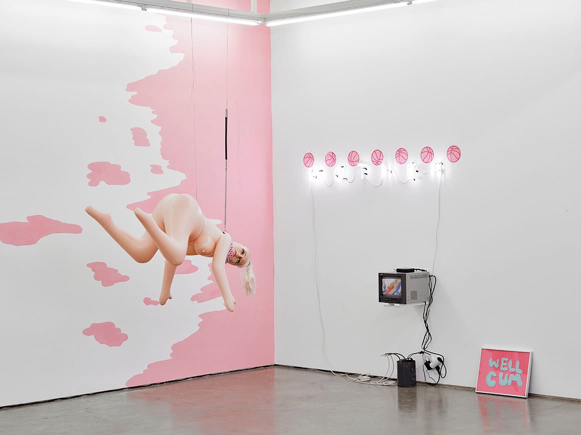 인세인박, 마더, 2017. love doll, resin, wall painting, neon, silkscreen, single channel video, variable dimension