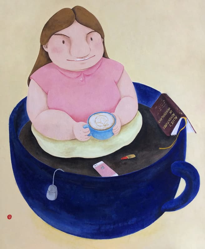 신수빈, 커피독에 빠진 앨리스, 37×45㎝, 한지에 수간안료,  2017