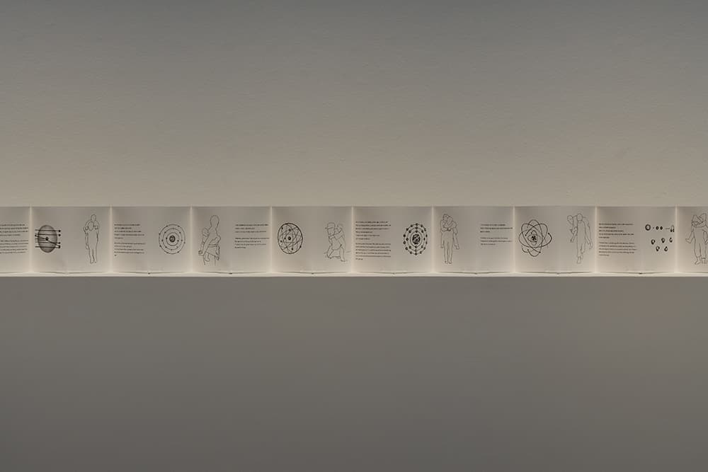 송상희 개인전 《자연스러운 인간》 전시 전경, 서울시립미술관, 2021.12.16.—2022.2.27. (사진: 홍철기) 〈업고〉, 2021, 병풍식으로 접지한 61점의 드로잉, 각 25 × 19 cm, 전체 25 × 1159 cm. 서울시립미술관 제작 지원.