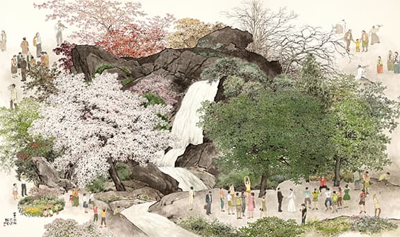 오용길, <사계(四季) 공원>, 2013, 한지에 수묵담채, 230x390cm