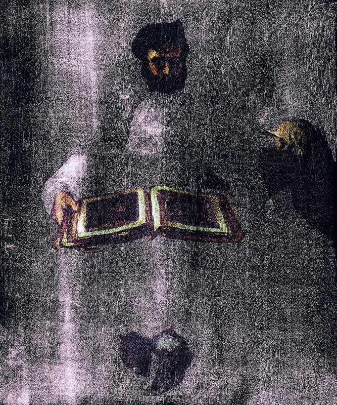 귀스타브 쿠르베, 판화책을 살펴보는 마크 트라파두, X-ray, 2000 ⓒ자비에 루케지