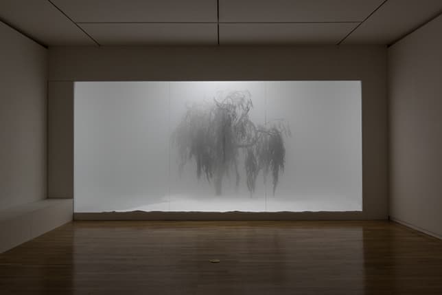 이기봉. There is No Place-The Shallow Cuts, 유리, 포그머신, 인공 잎, 나무, 철, 모래, 모터, 타이머, 가변크기 2008(2015)