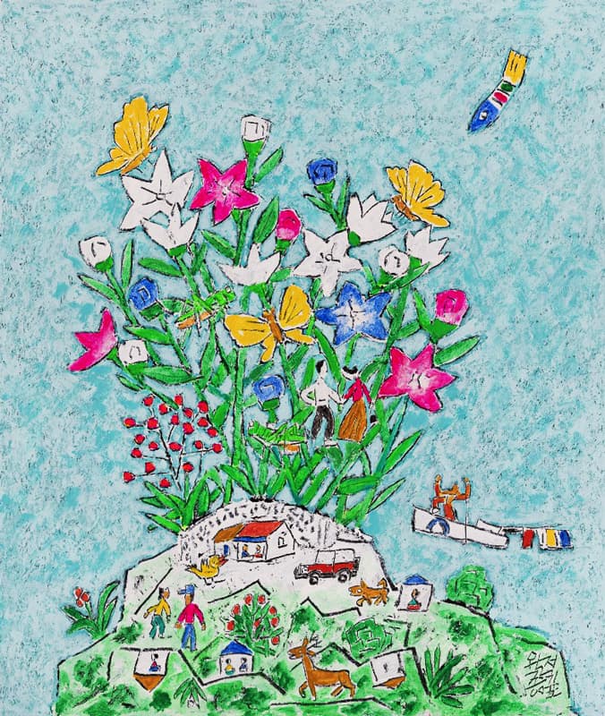 이왈종, 제주생활의중도, 53x45.5cm, 장지 위에 혼합, 2017
