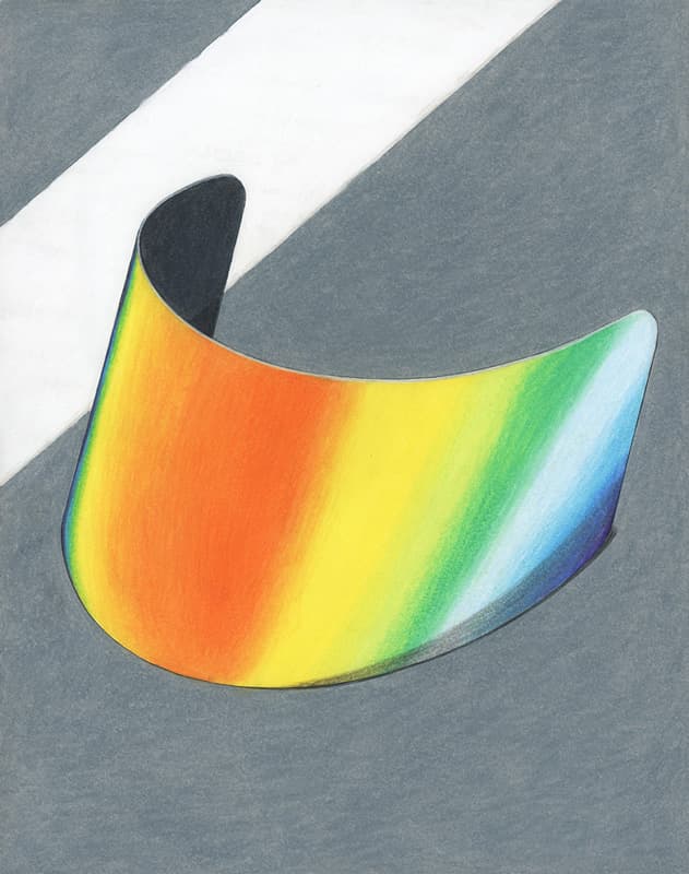 호상근, 〈도로위에 헬멧 쉴드〉, 2018. 종이 위에 연필, 색연필, 41.3 x 32.6 cm. 이미지 출처: 작가