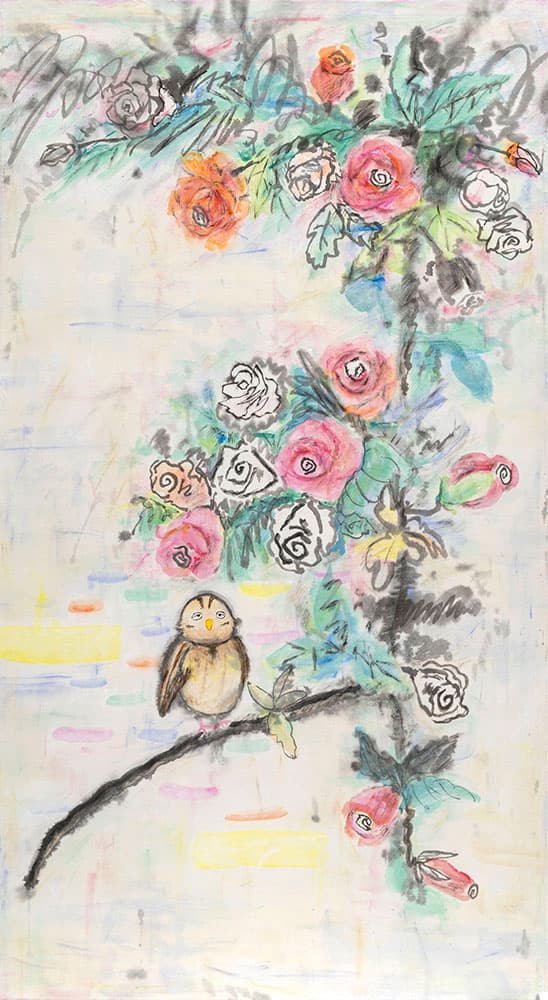 로지은, Feeling, 장지에 먹, 분채, 96x52.5cm, 2022