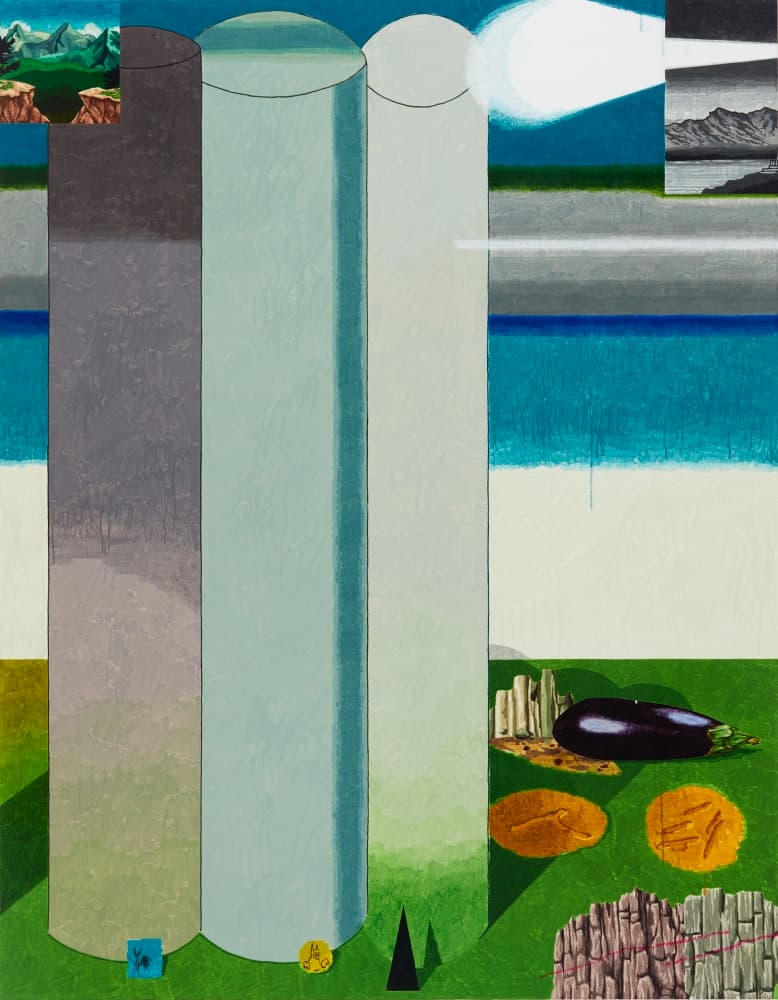 전현선, 세 기둥에서 가지 From Three Columns to Eggplant, watercolor on canvas, 180x130cm, 2020