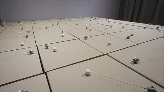 지문 Zimoun, 작업된 49개의 직류 모터, 솜뭉치, 종이상자, 2011, 모터, 금속, 종이상자, 솜, 플라스틱, 전원 공급장치, 51x51x51cm(x49EA)