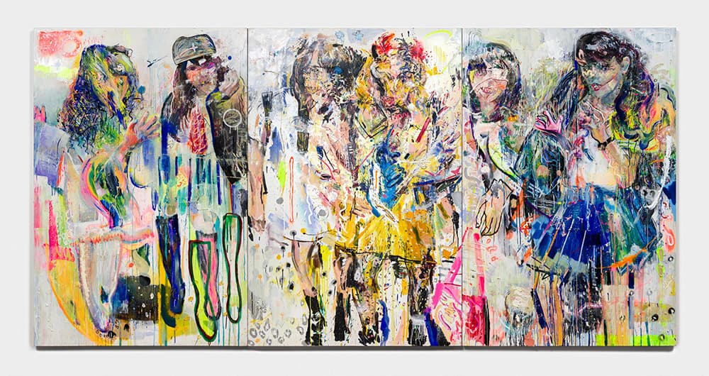 서원미, Carnival head 002, 2015-2021,  Oil, acrylic, sticker, marker pen, sand texture gel, spray on canvas in three parts,194x391cm