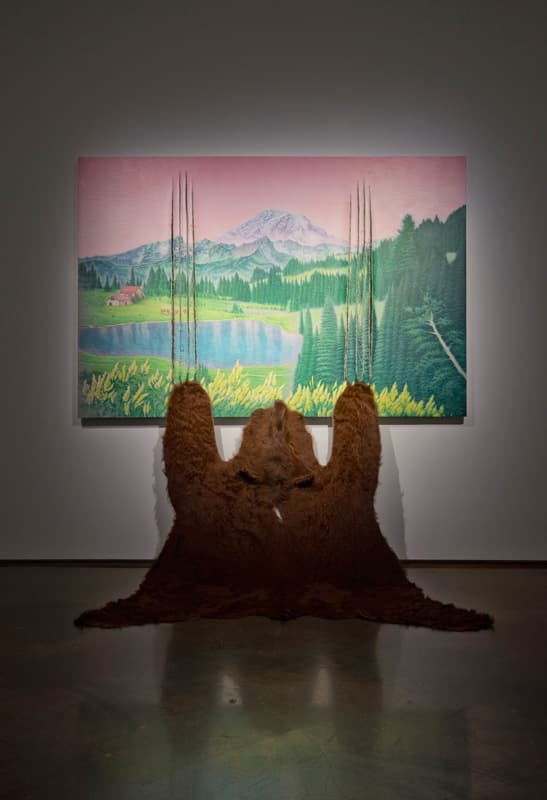 장종완, 제 말 좀 끝까지 들어 보세요, 2017, Oil painting on torn linen with cow hide rug, wood and resin, Painting 130.3x194cm, Cow hide rug 172x151cm