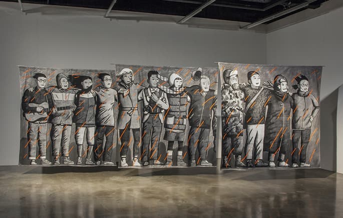 이우성_내일이 아닌, 오늘을 위한 노래 A song for today, not tomorrow_페브릭에 블랙젯소_각210x210cm_2015