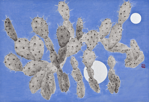 한연선_두개의 달 2, 한지에 목탄, 채색, 50×72.7㎝, 2015