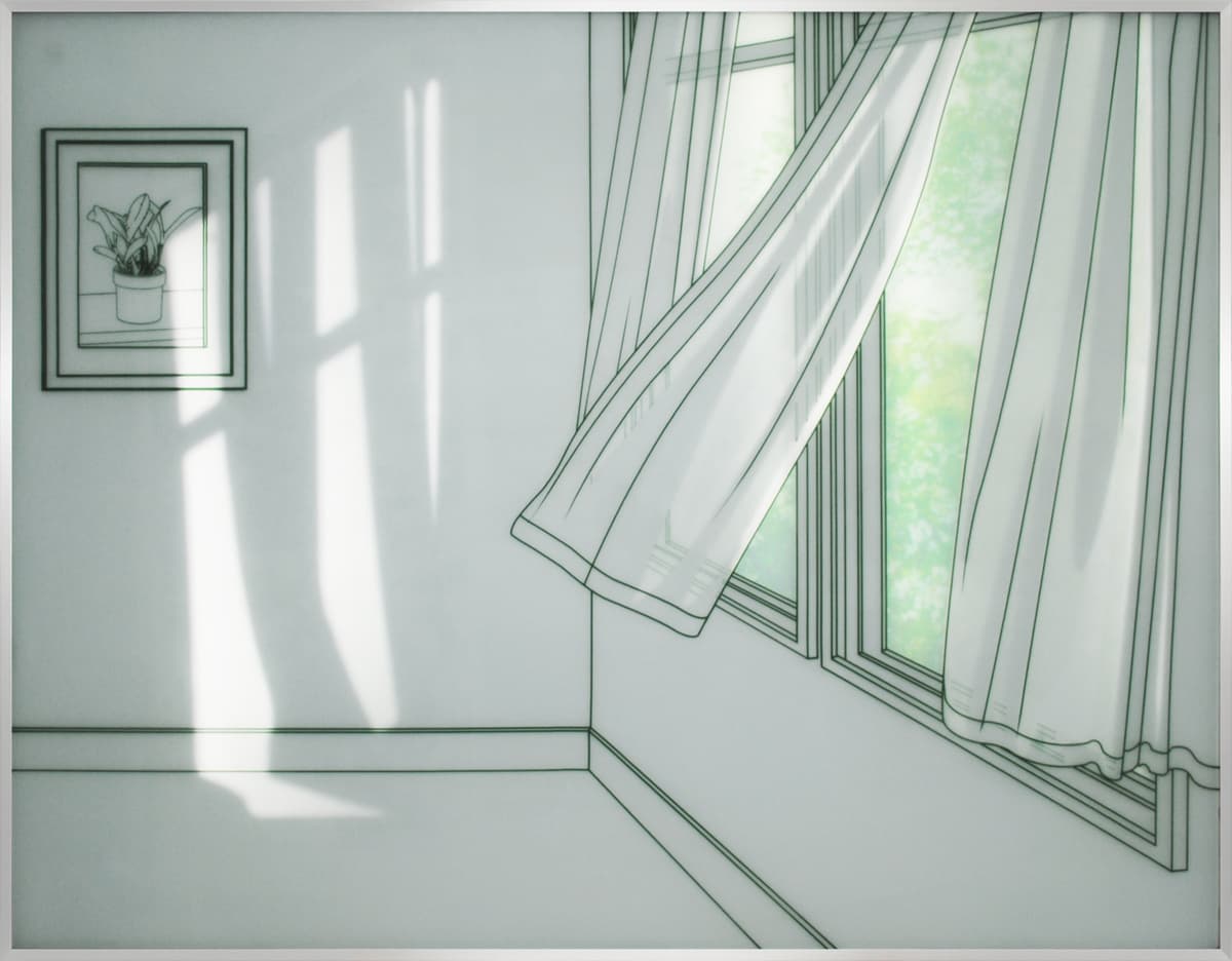 황선태, 바람부는 날, 2015,강화유리에 샌딩, 유리전사, LED, 102x80x5cm