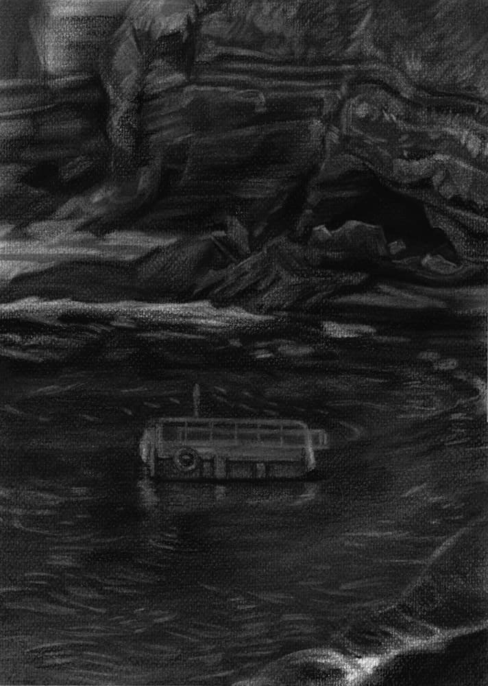 우도 검멀레 해변에 묶인 작은 배, 종이에 목탄, 28.5x21cm, 2019