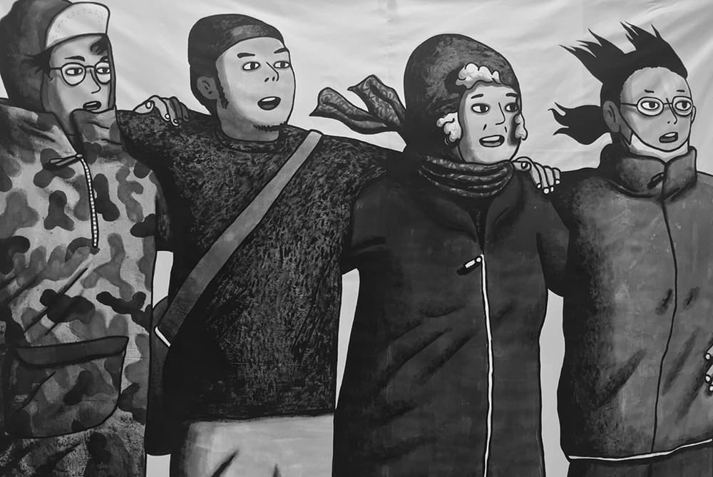 이우성, 내일이 아닌, 오늘을 위한 노래, 천에 블랙 젯소, 210×210cm(3점), 2017