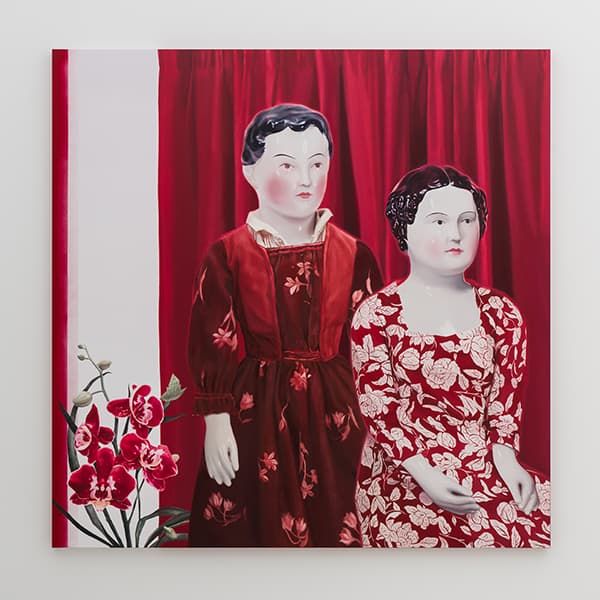 최지원 Jiwon Choi < 포개진 붉은 방  Rommin’ Red > 2021, oil and acrylic on canvas, 181.1 x 181.1 cm 디스위켄드룸 제공