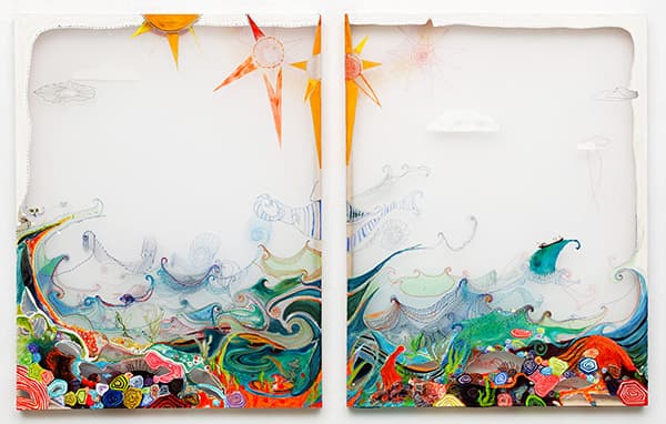 Jai Hart, Tide Pool with Tanker, acrylic and thread on polyester, 134.6 x 220.9 cm, 2014 (사진제공=앤드앤갤러리)