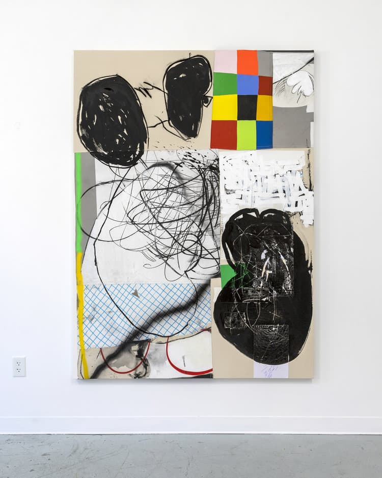 Taylor White, Oh Sports! Oh Animals!, acrylic, charcoal, spray paint, pencil, paper, and sewing on canvas, 198 x 145 x 3.8 cm, 2018