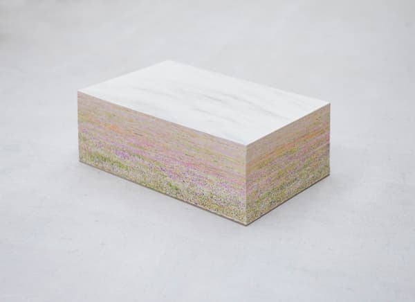 김윤수, 바람이 밤새도록 꽃밭을 지나간다, 2016, 인쇄된 바람드로잉 360장 쌓기, 옆면에 색연필, 10.3×32×23.3㎝