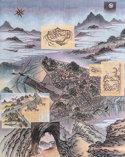 김보민, 제차파의, 162.2×97cm, 2015, 모시에 수묵담채, 드로잉 된 모시조각, 테이프