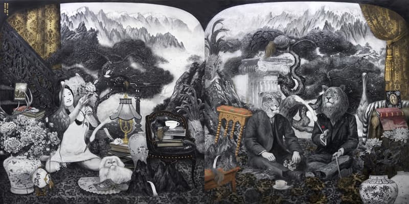라오미 <라이거와 타이곤의 초상>, 360x180cm, 순지에 분채, 금박, 2017
