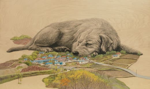 강승혜, 호두의 편안한 잠 , 합판 위에 목탄과 아크릴 , 100x73cm, 2018