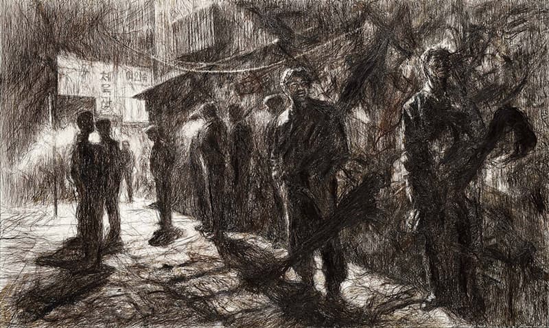 황재형, ‹기다리는 사람들 II (Waiting People II)›, 2016, Hair on canvas, 97x162.2cm