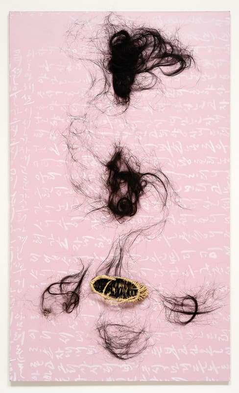 황재형, ‹원이 엄마 편지 (Letter from Won's Mother)›, June 2016, Hair and straw shoe on canvas, 162.2x97cm