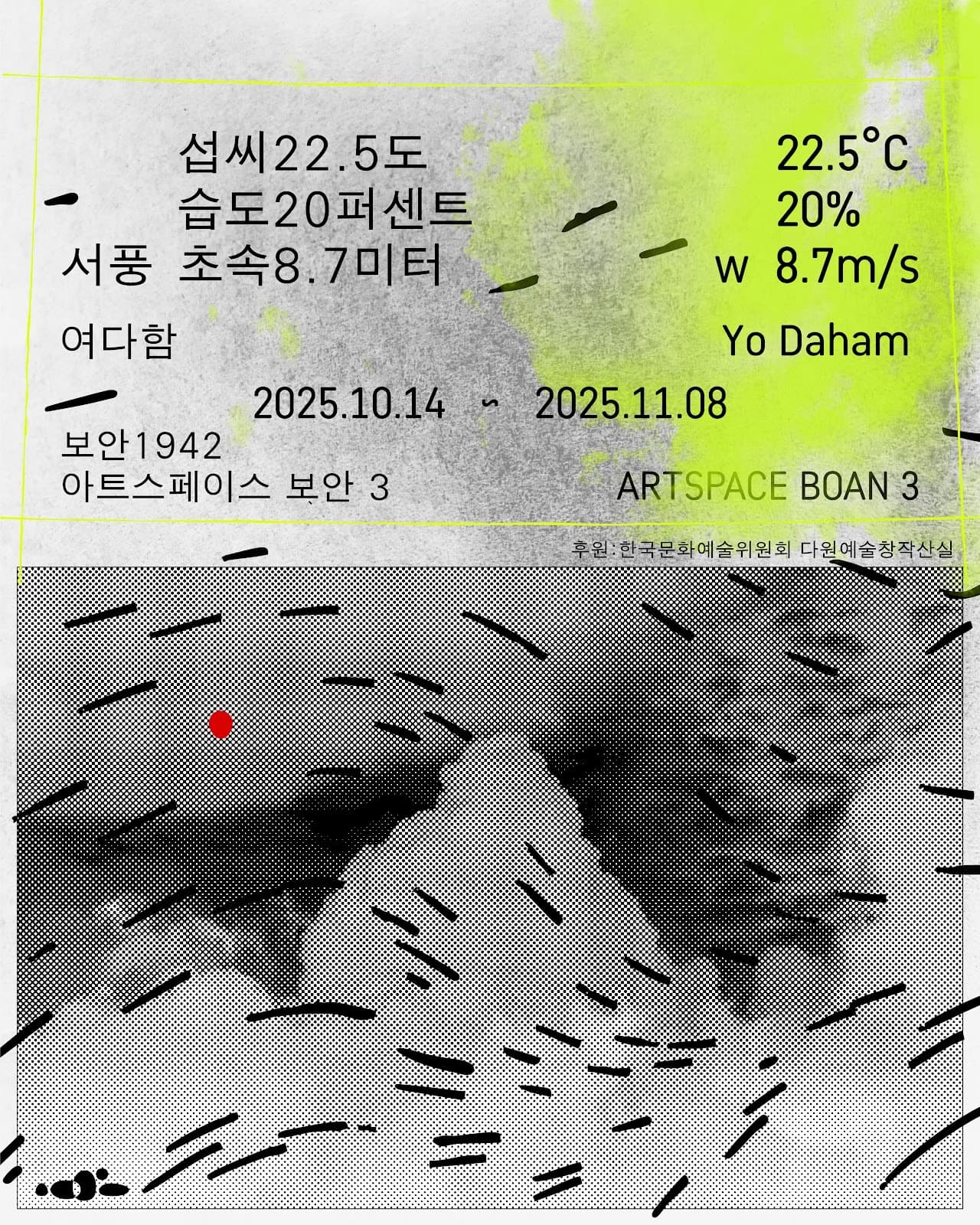 여다함 개인전: 섭씨 22.5도 습도 20퍼센트 서풍 초속 8.7미터 1
