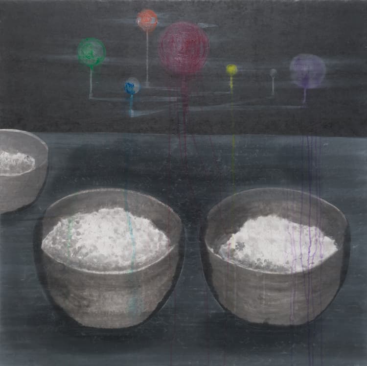 정덕현, 같이 먹자, 2017, 종이에 먹, 호분, 아크릴, 겔 미디엄, 130x130cm