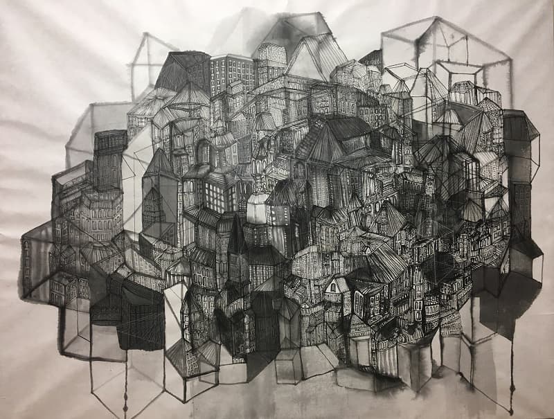임지연, The New Village 종이에 먹, 콩테, 117x91cm,2017