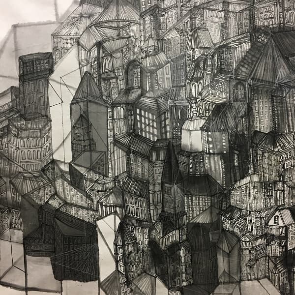 임지연, The New Village 종이에 먹, 콩테, 117x91cm,2017
