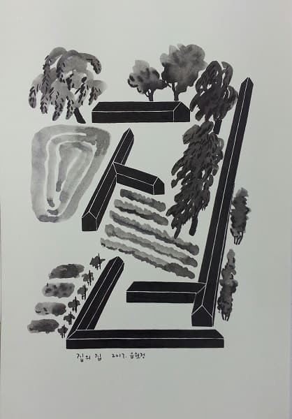 음현정, < 집의 집 >, 종이에 먹, 20x30cm, 2017